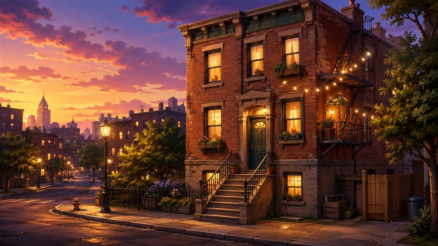 A brick studio walk-up at sunset